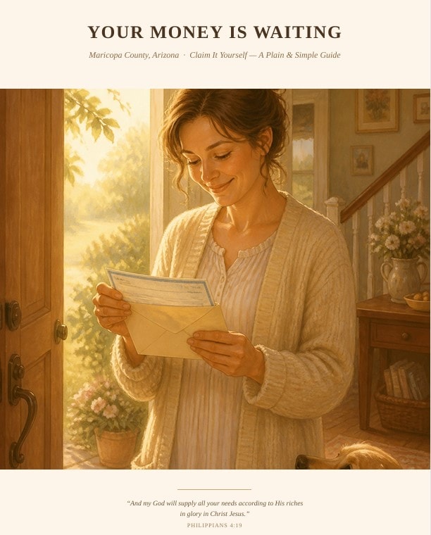 Cover of the Your Money Is Waiting self-claim guide for Maricopa County, showing a smiling woman reading a letter in a sunlit home entryway