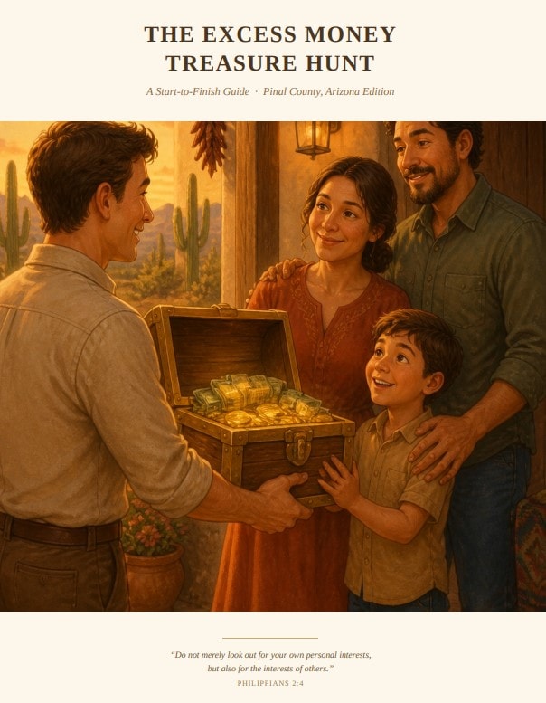 Cover of The Excess Money Treasure Hunt guide, Pinal County Arizona Edition, showing a man handing an open treasure chest to a happy family